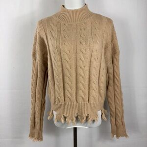 Newbury Kustom Taupe Fringe Cable Knit Sweater Slightly Cropped Size L NWT